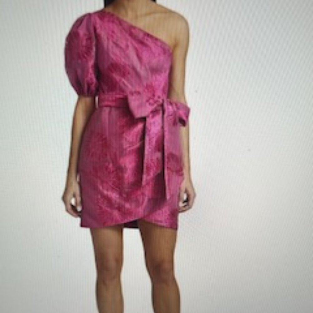 ML MONIQUE LHUILLIER One-sleeve Embroidered Cloqué Mini Dress In Bright Pink